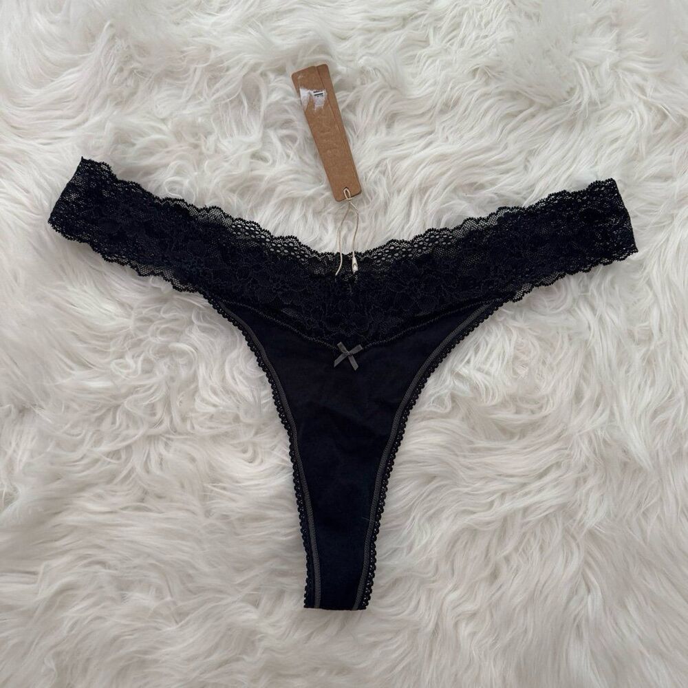 Skims Lightweight Cotton Lace Thong Soot Tonal Size Large